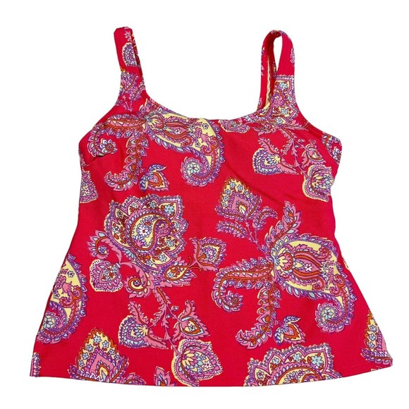 Lands' End Sz 10 Tankini Swim Top Red Floral & Paisley Padded Bra Square Neck - Picture 1 of 9